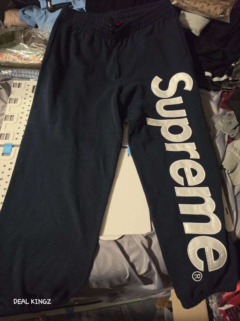 Supreme Satin Applique Sweatpant – Navy, Size XL