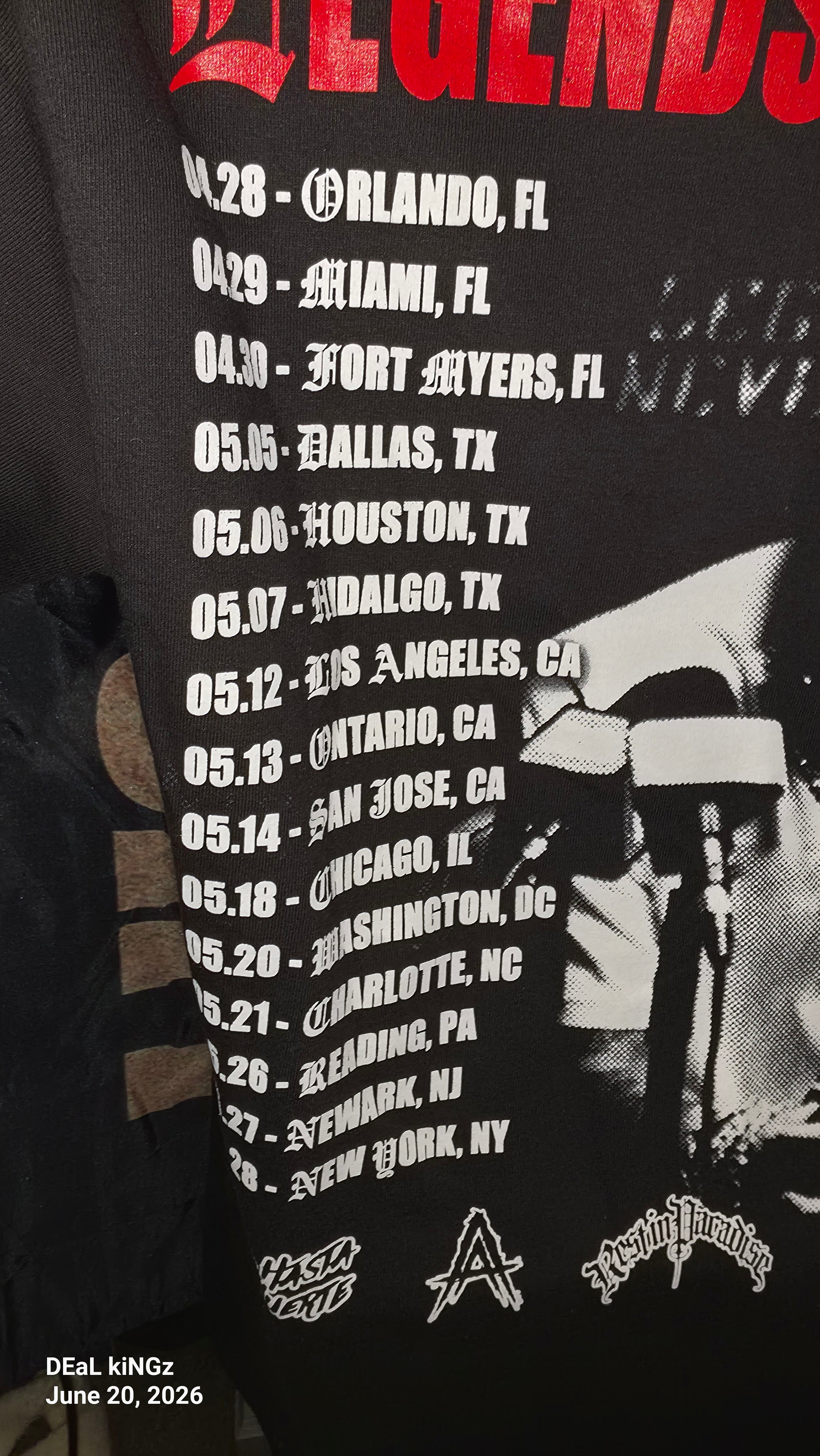 Black Anuel AA "Legends Never Die" tour t-shirt features a graphic of a dagger through a anatomical heart