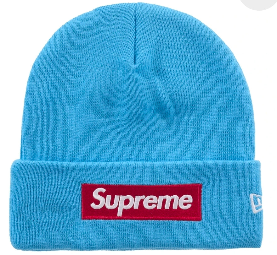 Supreme x New Era Box Logo Beanie (FW25) in cyan blue