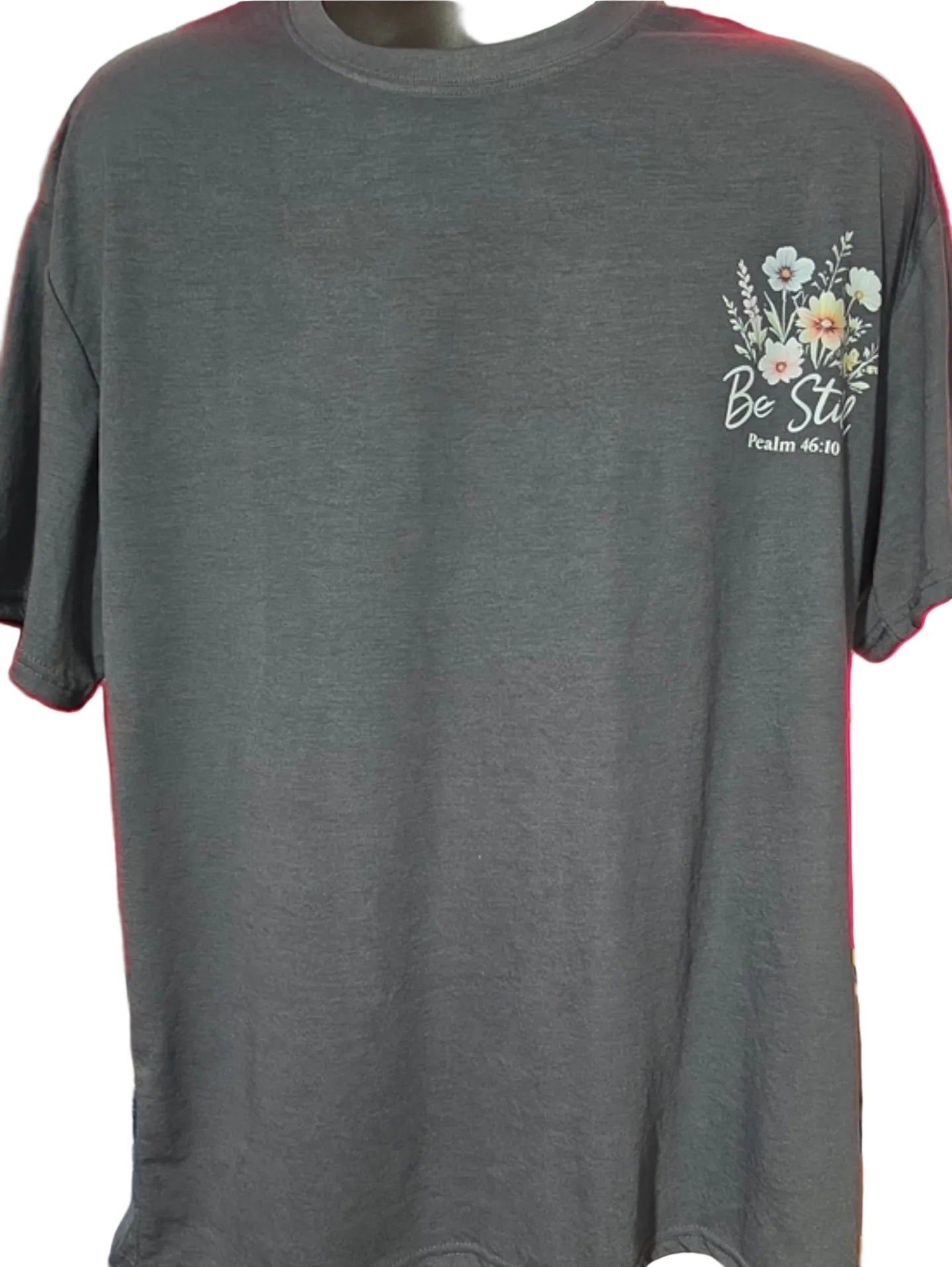 Woman's Oversized XL Charcoal 'Be Still' Floral Psalm Short Sleeve Tee