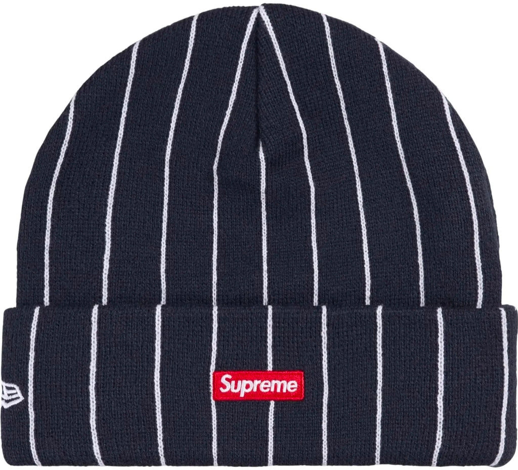 Supreme New Era Devil S Logo Beanie 'Stripe' from the Spring/Summer 2026 collection. It features a navy pinstripe acrylic knit design with an embroidered "S" logo detailed with devil horns.