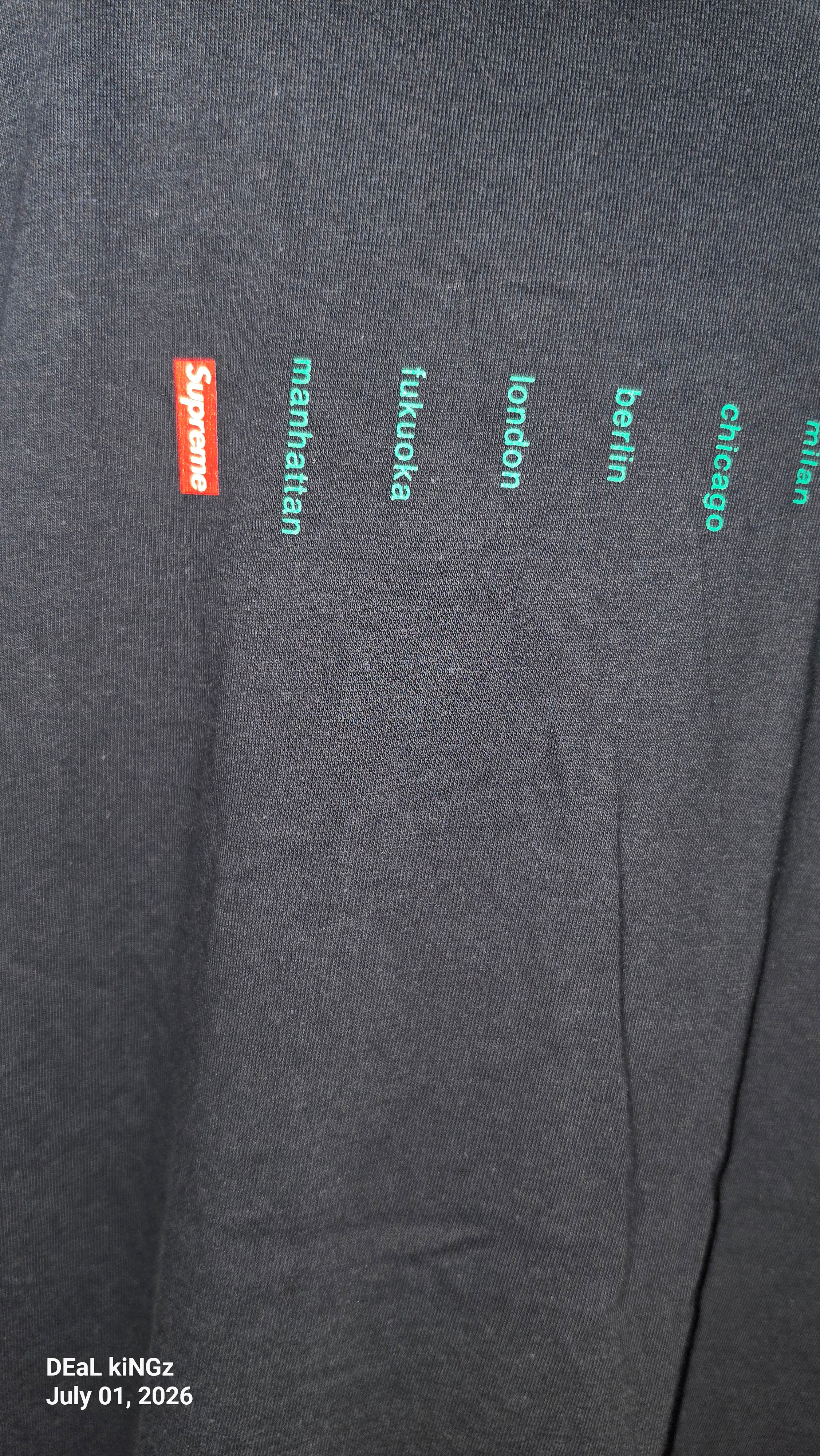 Supreme Location Tee in navy from the Spring/Summer 2023 collection, featuring a printed list of global store cities.