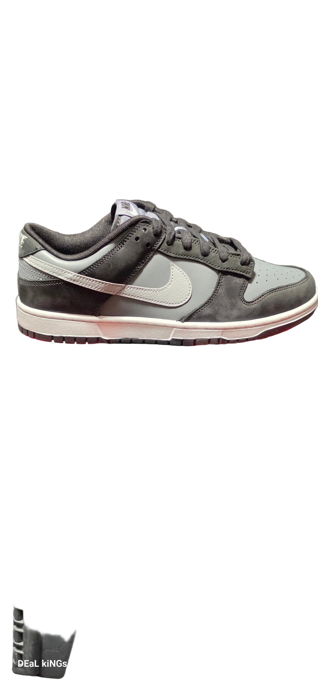 Nike Dunk Low Black Light Smoke Grey sneakers, featuring a black and grey leather upper and white midsole. BRAND NEW 💯% AUTHENTIC