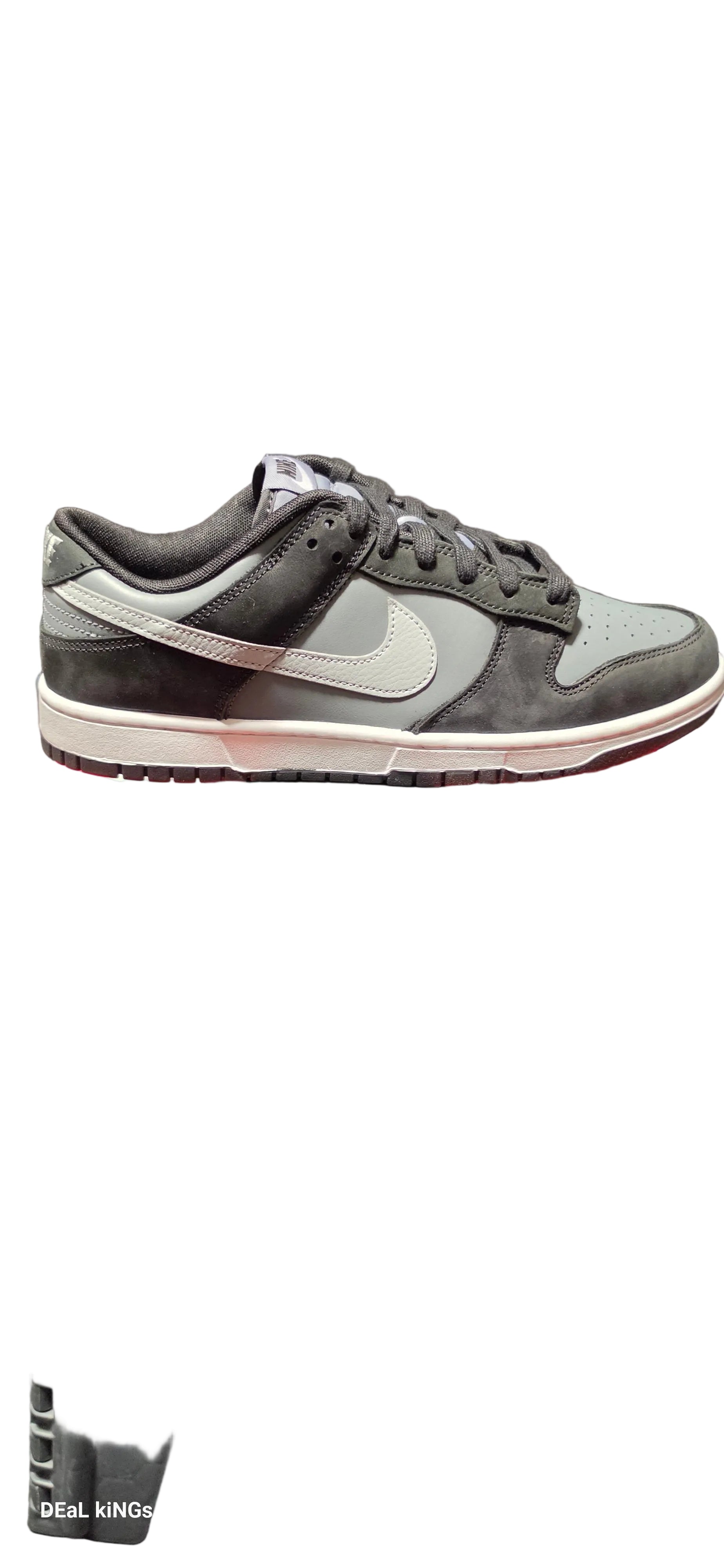 Nike Dunk Low Black Light Smoke Grey sneakers, featuring a black and grey leather upper and white midsole. BRAND NEW 💯% AUTHENTIC
