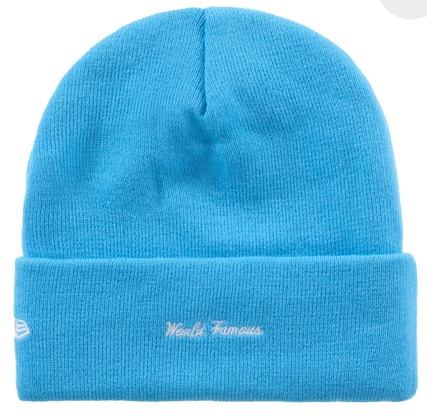 Supreme x New Era Box Logo Beanie (FW25) in cyan blue