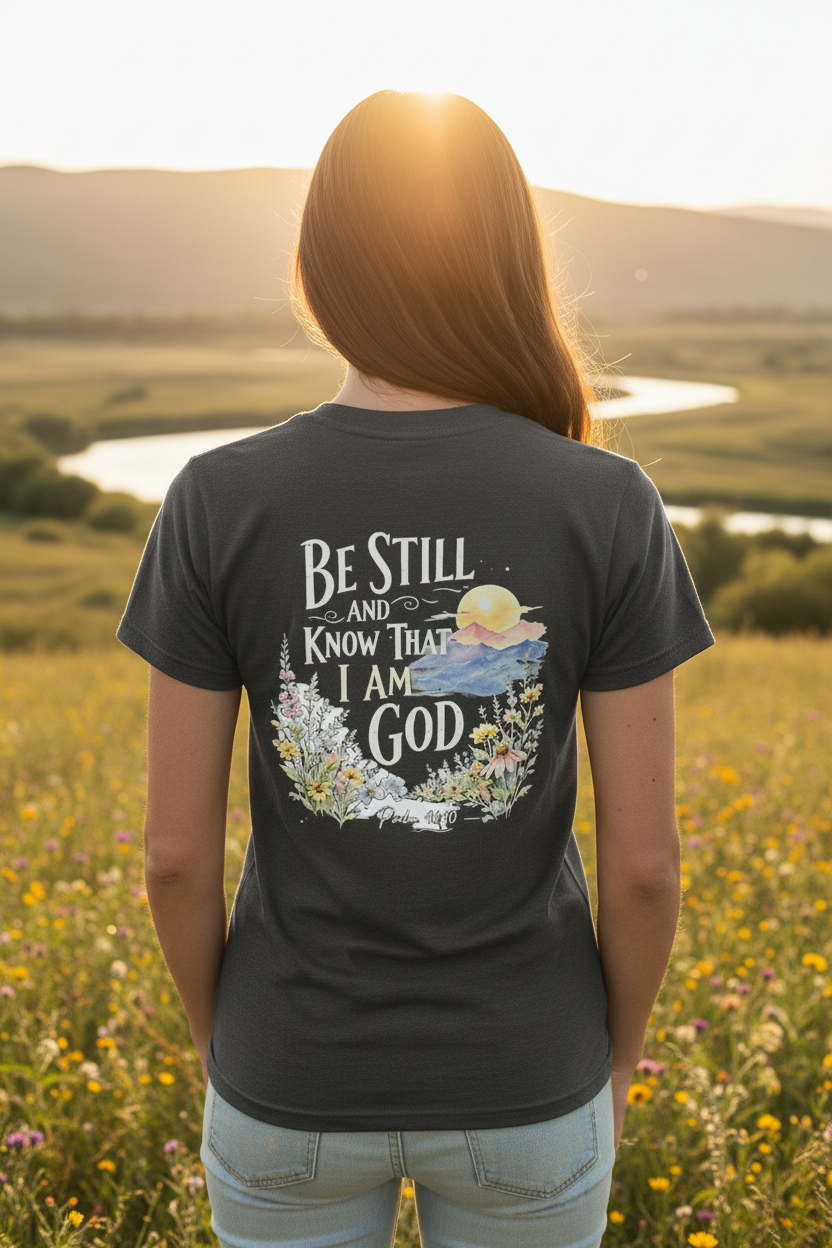 "Be Still" Floral Psalm 46:10 T-Shirt – Charcoal, Size XL