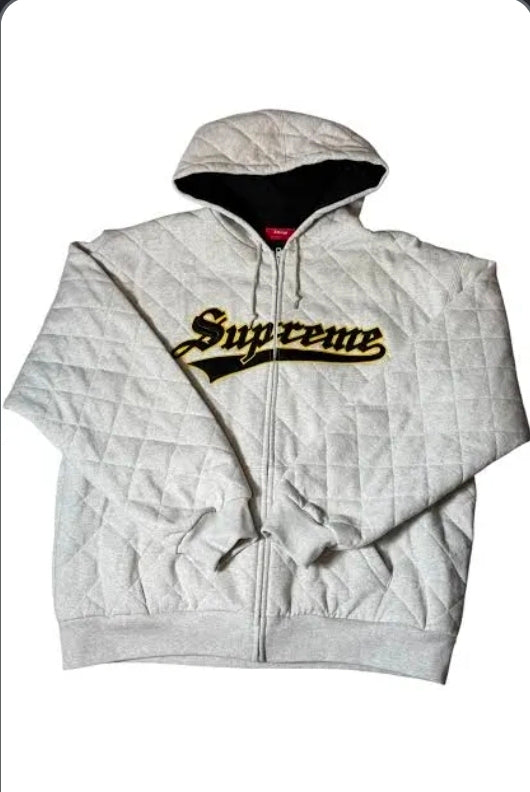 Supreme Quilted Zip-Up Hoodie – Ash Grey, Size XL